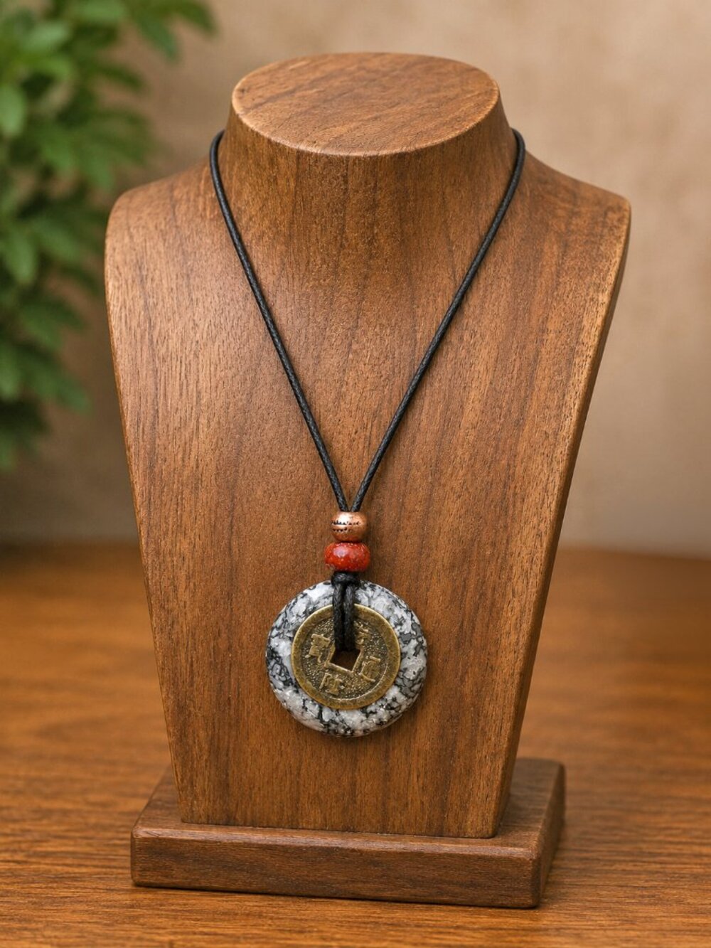 Black Crazy Lace Agate and Lucky Coin Pendant | Handmade - Picture 5 of 7